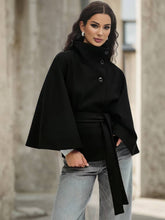 Aurohaya Chic Women's Wool Poncho Coat with Belt and High Collar, Casual Oversized Cape Jacket